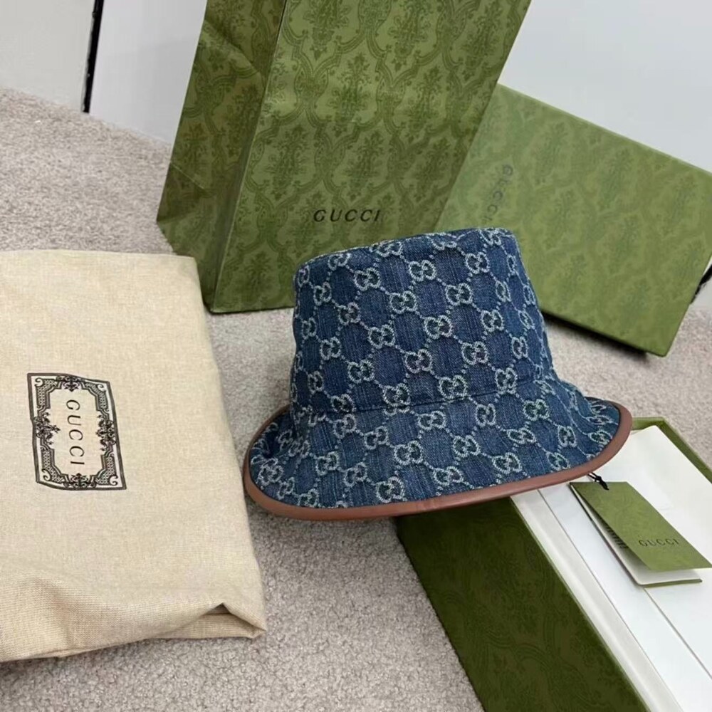 Gucci GG Denim Bucket Hat with Leather Trim
